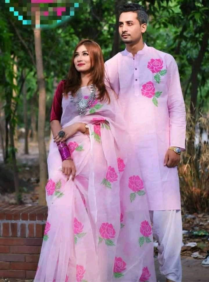 Screen Print Saree And Block Print Punjabi Combo Set For Couple Dress