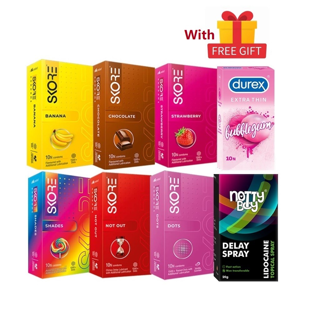 Skore Premium Multi Variety Condom Combo 7x10 = 70Pcs + Nottyboy Delay Spray + Durex BubbleGum 10s + Skore Banana,Chocolate ,Strawberry,Shades,Notout,Dots 60pcs + With Free Gift