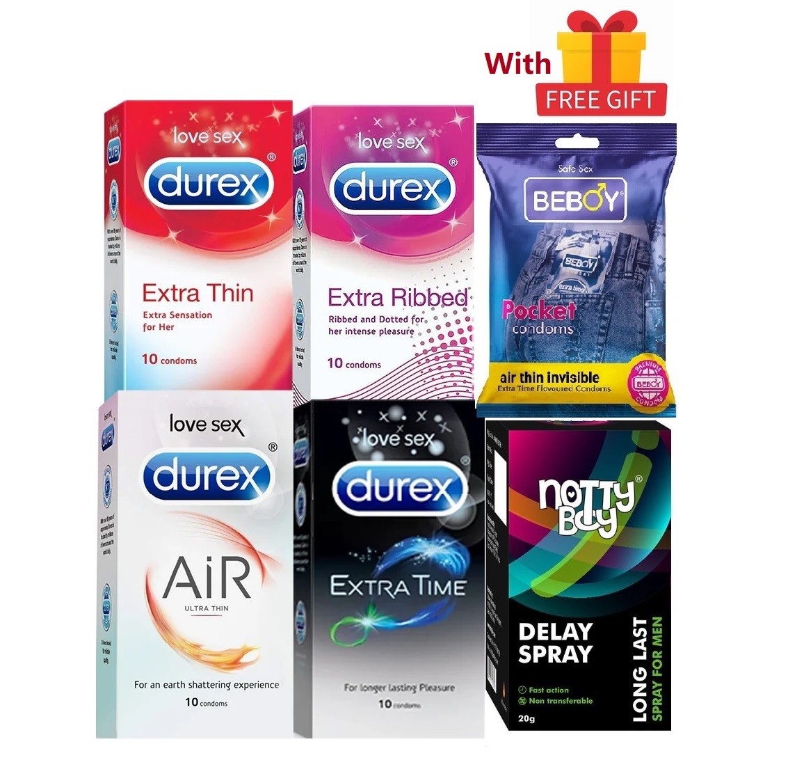 Durex Delay Combo = 43Pcs Condom + Nottyboy Delay Spray + Durex Extra Time 10s + Ribbed 10s + Extra Thin 10s + Air 10s + Beboy Extra Time 3s + With Free Gift