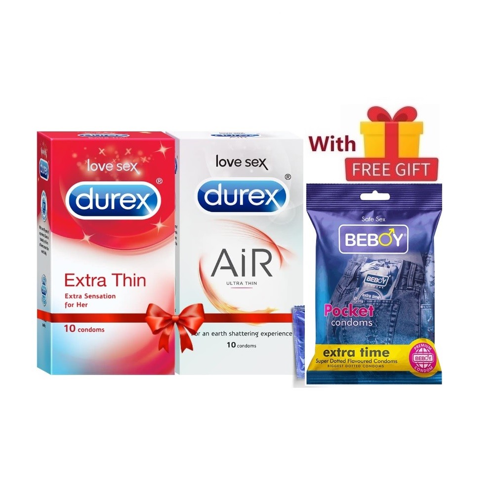 Durex HERO Combo = 23Pcs Condom + Durex Extra Thin 10s + Durex Air 10s + Beboy Extra Time Paan 3s + Free Gift