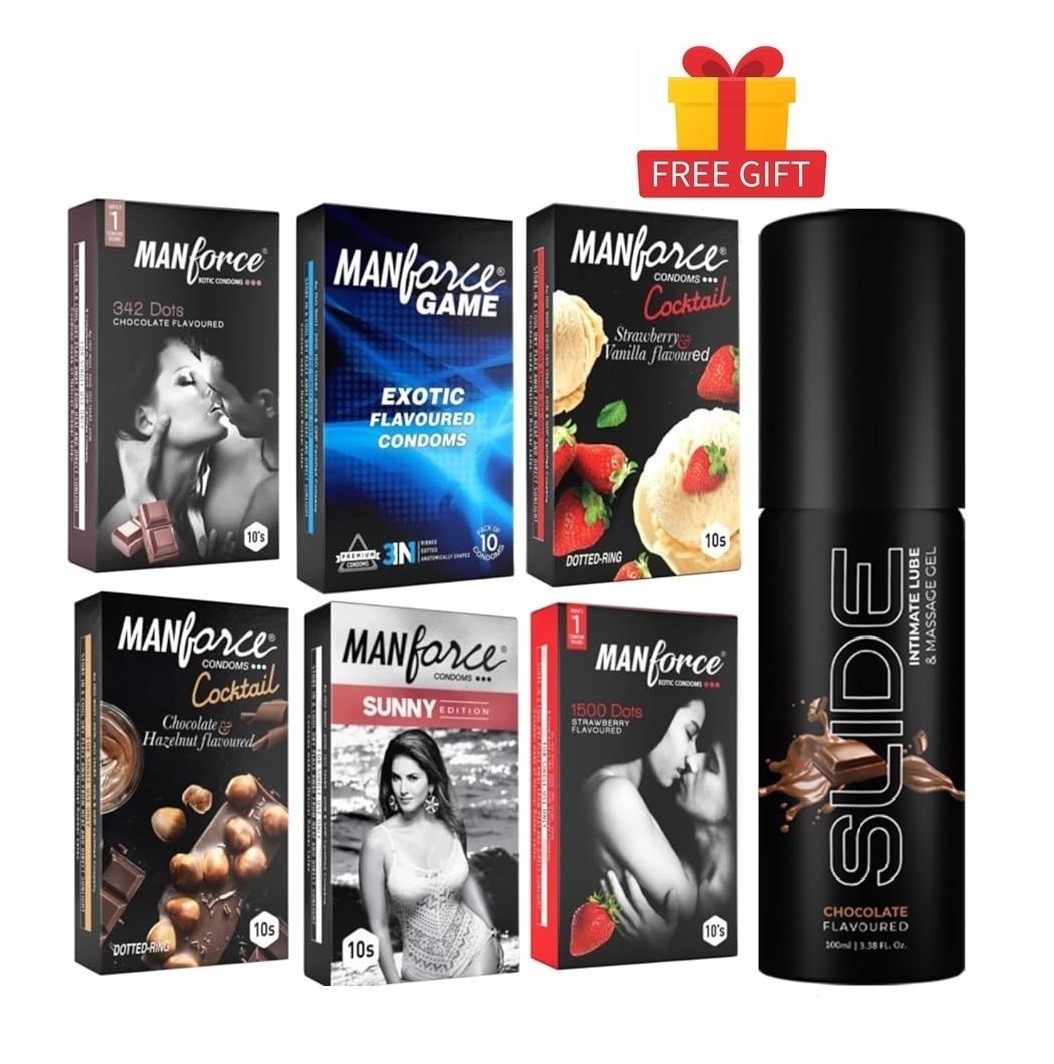 Manforce Nottyboy Combo 6x10 = 60Pcs Condom + Nottyboy Chocolate Lubricant Lube Gel + Manforce Chocolate 10s + Game 10s + Cocktail Strawberry + Chocolate 20s + Sunny 10s + Strawberry 10s