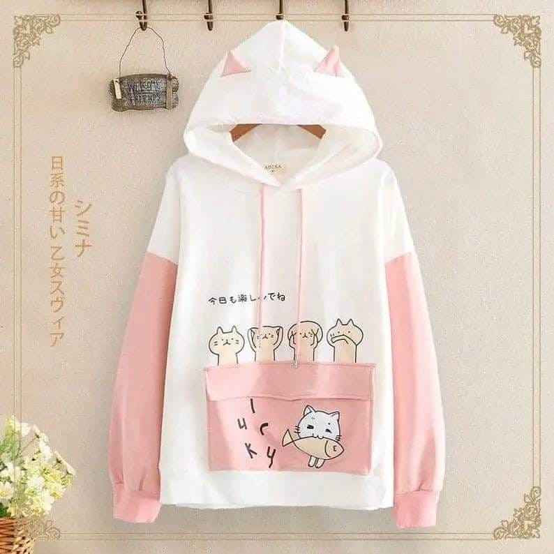Anime Cat Printed Hoodie With Ears Women Teen Girls Kawaii Clothes Color Block Korean Japan Kpop Pullover Sweat shirts