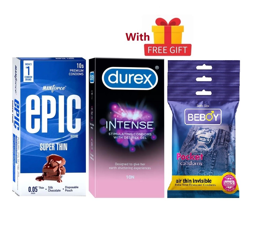 Manforce LifeGuard Condom Combo = 29Pcs + Manforce Epic Super Thin 10s + Durex Intense 10s + Beboy Air Thin Invisible Mango 9s + Free Gift