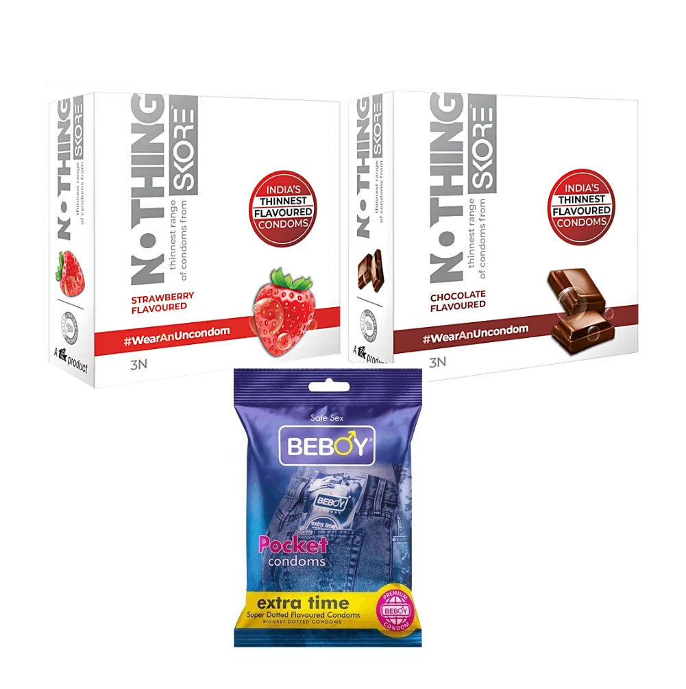 Skore Thennest Combo = 9Pcs Condom + Skore Nothing Strawberry 3s + Nothing Chocolate 3s + Beboy Extra Time 3s