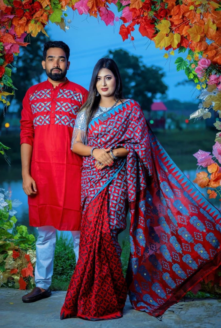 Screen Print Saree And Block Print Punjabi Combo Set For Couple