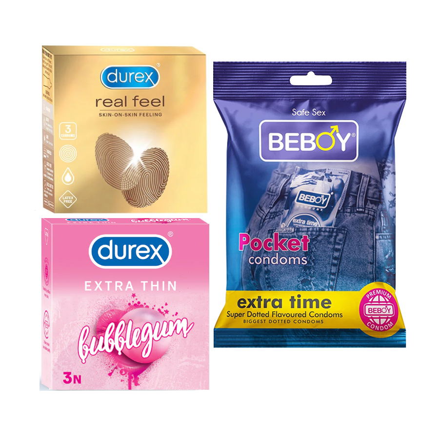 Durex SafetyNet Combo = 9Pcs Condom + Durex Real Feel 3s + Durex BubbleGum 3s + Beboy Extra Time 3s Condom