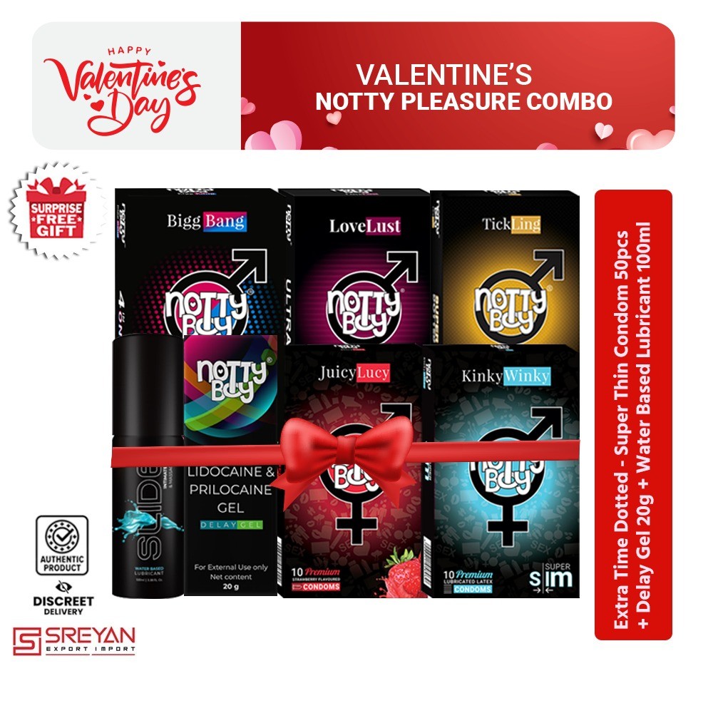 NottyBoy Valentine's Notty Pleasure Combo Pack = Nottyboy Condom 50Pcs + Nottyboy Delay Gel 20g + Lubricant Gel 100ml - Extra Time, Extra Ribbed, Dots, Ultra Slim - With Gift