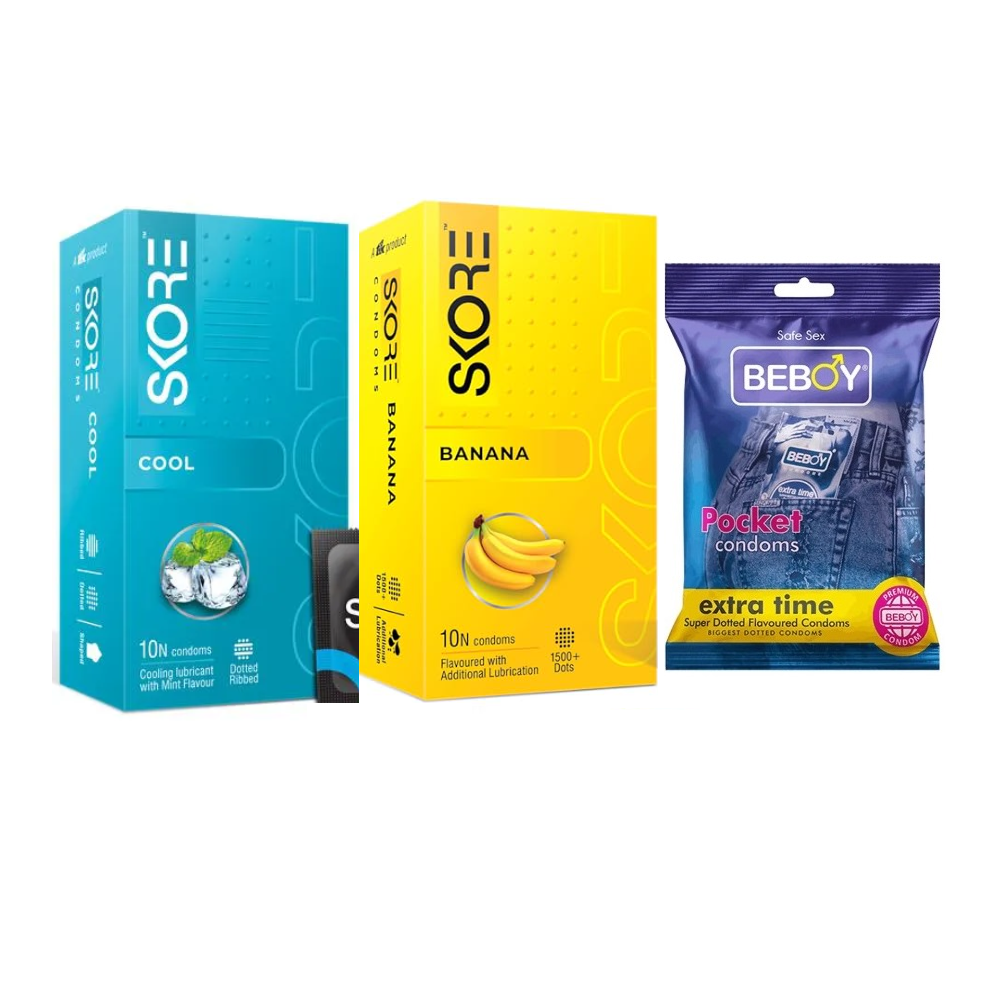 Skore Coolmeet Combo = 23Pcs Condom + Skore Cool Dotted 10s + Skore Banana 1500+ Dots 10s + Beboy Extra Time 3s
