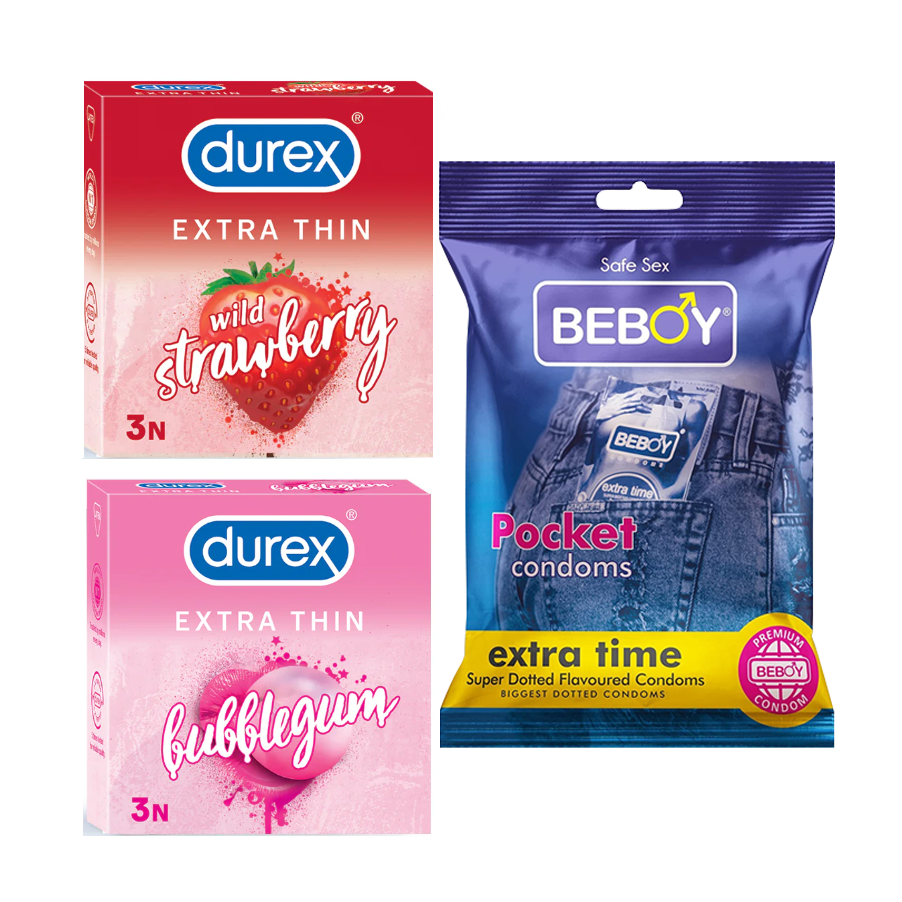 Durex Oasis Combo = 9Pcs Condom + Durex Strawberry 3s + Durex BubbleGum 3s + Beboy Extra Time 3s Condom