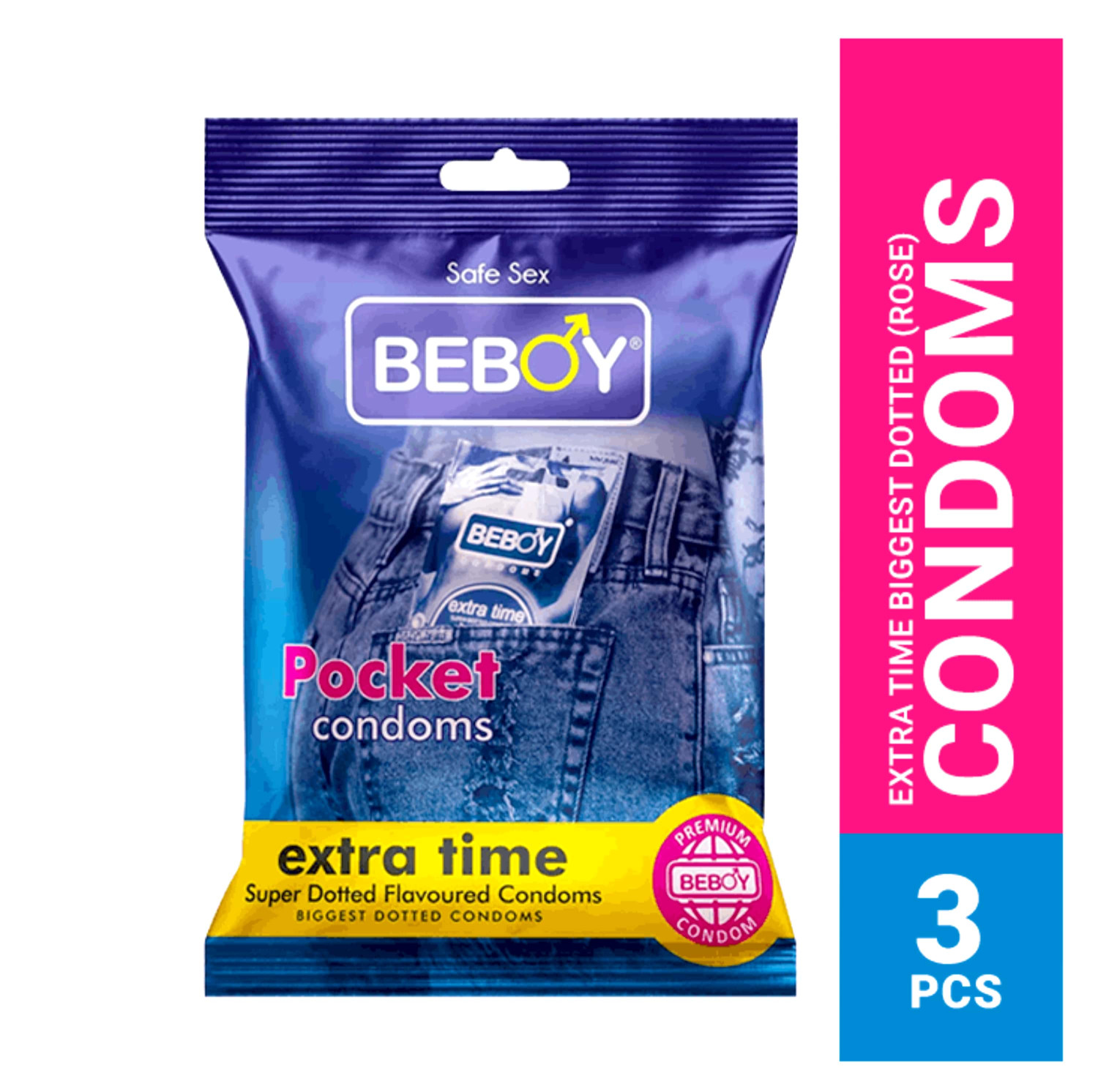 Beboy Extra Time Super Big Dotted Condom (Rose Flavour) Pouch Pack 3Pcs(India)