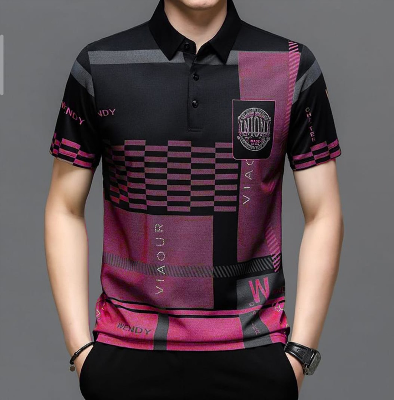 New Summer T Shirts for Men Short Sleeve Turn-down Collar Letter Printing Button Striped Polo Tees Fashion Pullover Tops