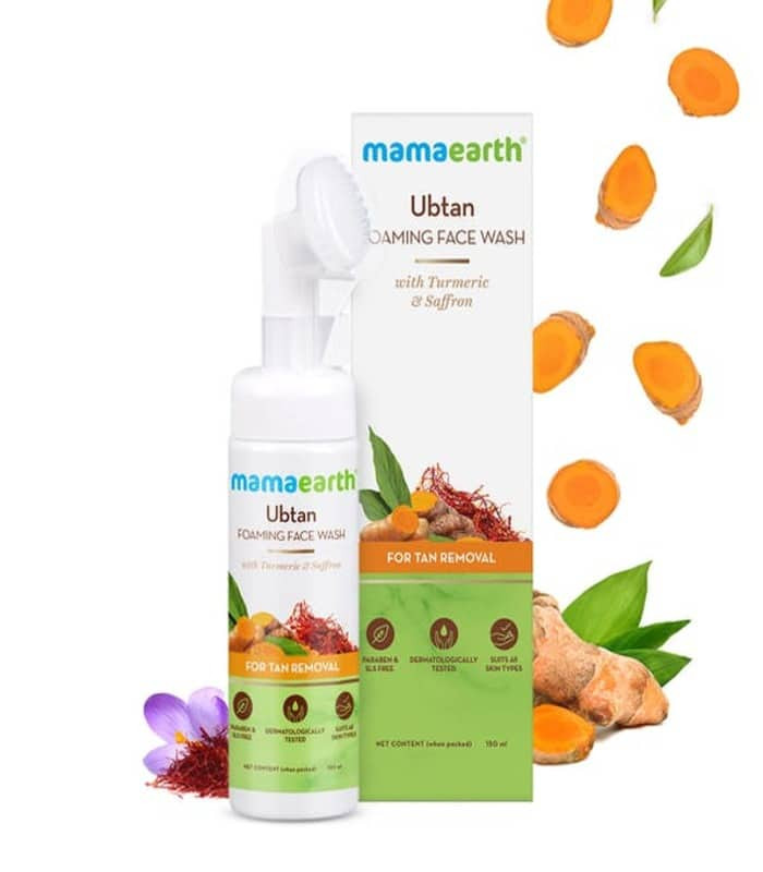 Mamaearth Ubtan Foaming Face Wash with Brush with Turmeric & Saffron for Tan Removal –150ml