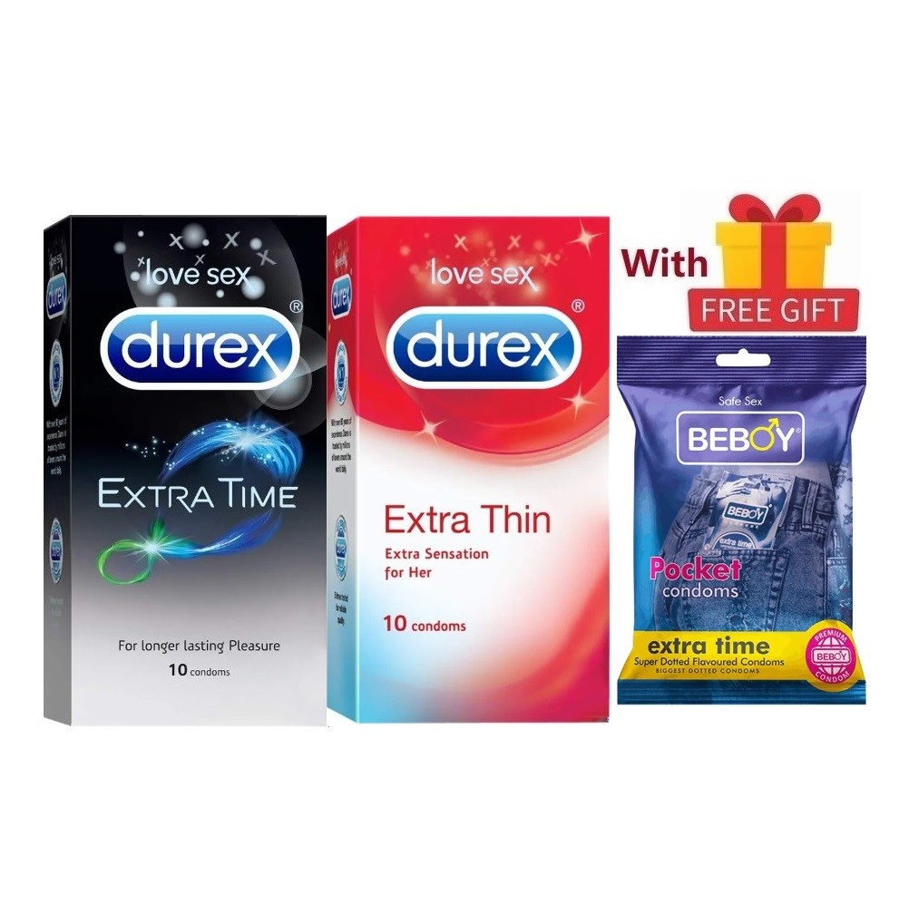Durex Horse Power Combo = 23Pcs Condom + Durex Extra Time 10s + Durex Extra Thin 10s + Beboy Extra Time Dotted Paan 3s + Free Gift